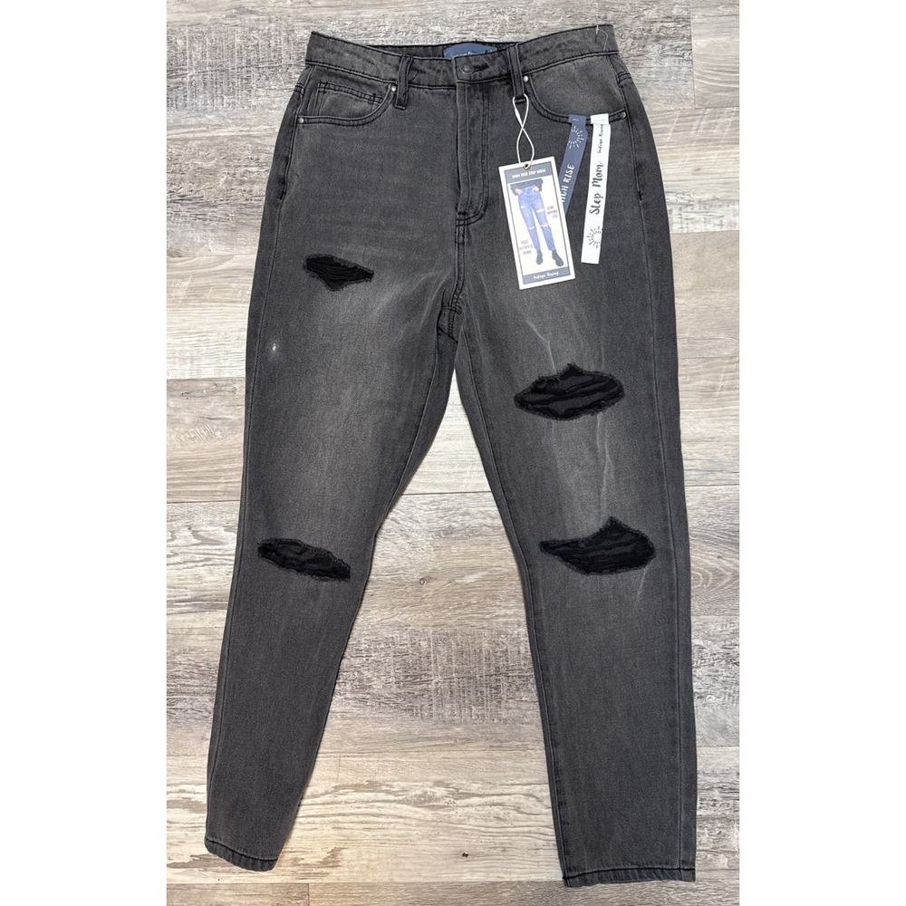 Button Fly Step Mom High Rise Skinny Ripped Distress Jeans Black Grunge Goth NWT